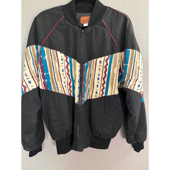 Vintage 90's Wrangler Mens Southwestern Aztec Bomber Jacket MED Black Geometric - Picture 2 of 7